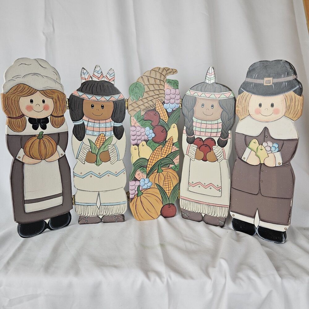 VTG Hand Painted Wood Thanksgiving Harvest 5-Panel Folding Screen Decor 20"x12"